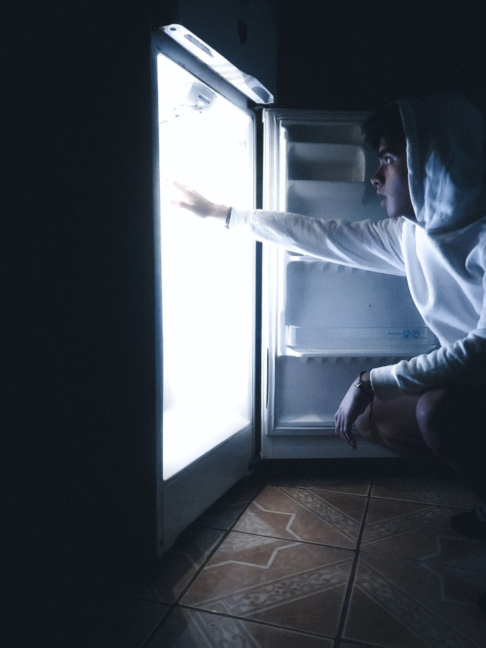 a boy figuring a refrigerator out