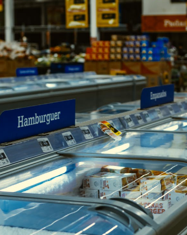 A commercial freezer in a store with grocery items