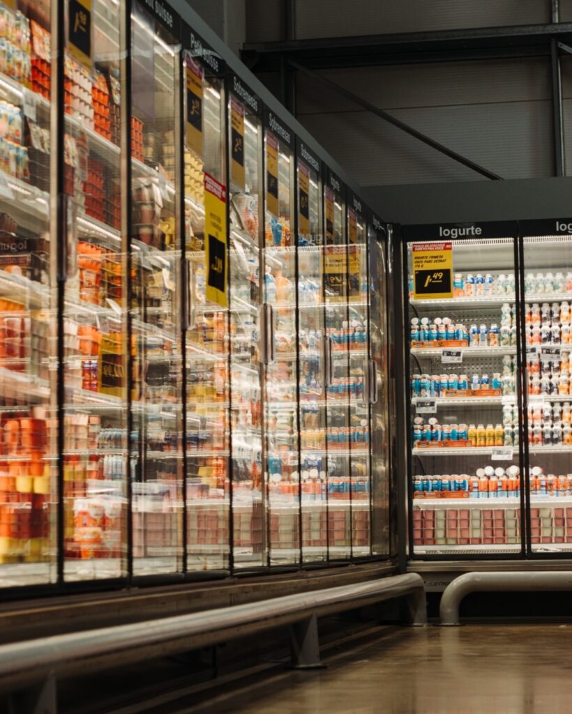 Commercial refrigerators in a supermarket
