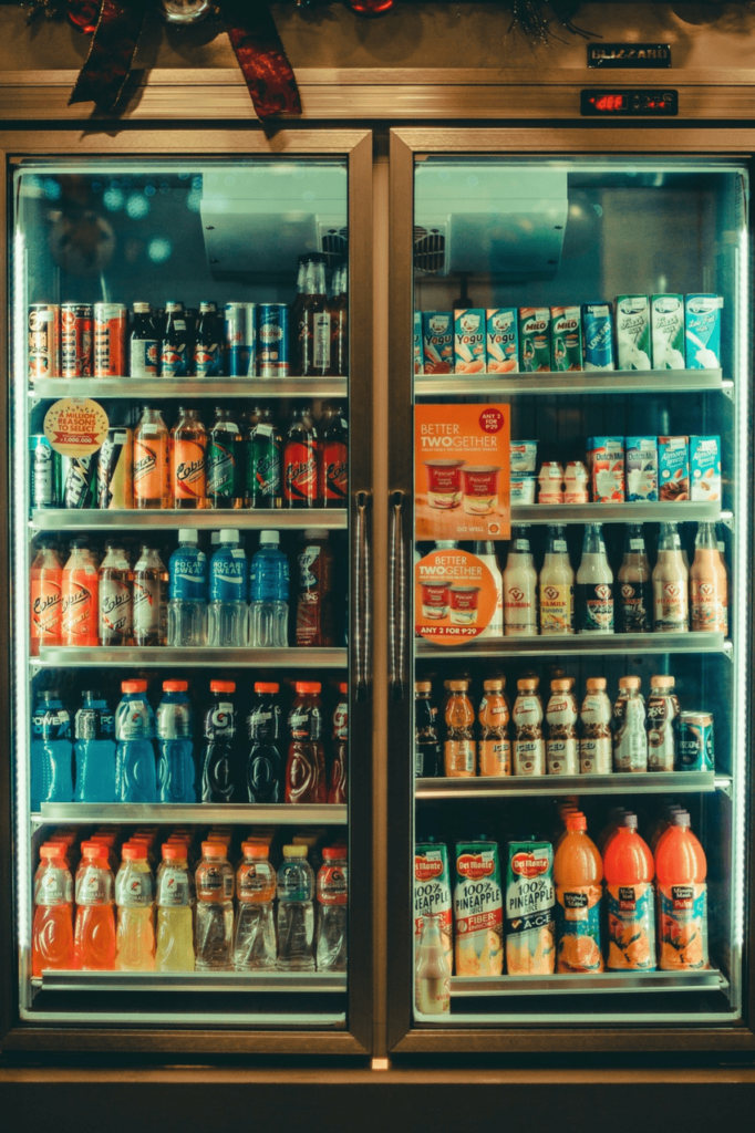 A commercial refrigerator in a supermarket