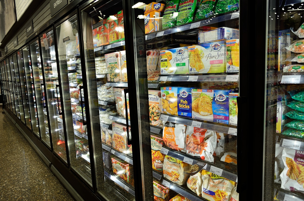 A freezer in a grocery store