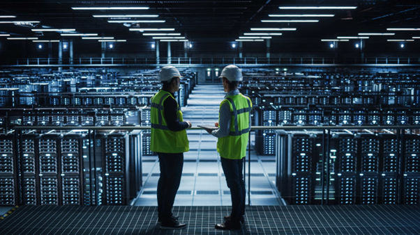 Two workers standing in a data center