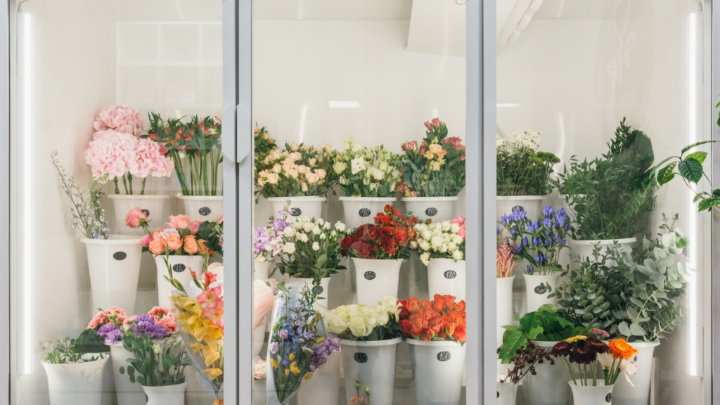 Different color flowers in a huge refrigerator